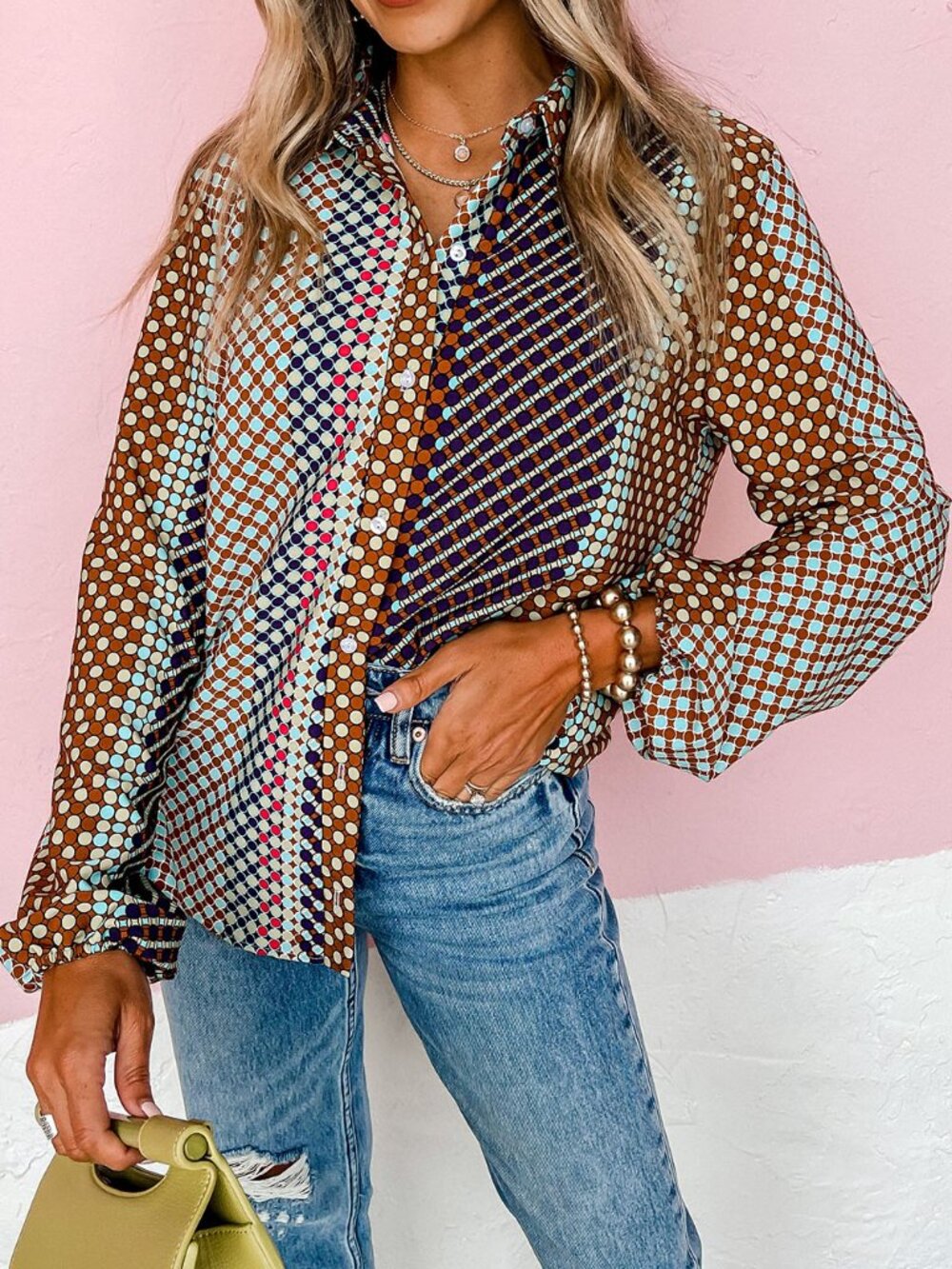 NWOT Multi-color Polka Dot Print Long Sleeve Button Down Shift Shirt
